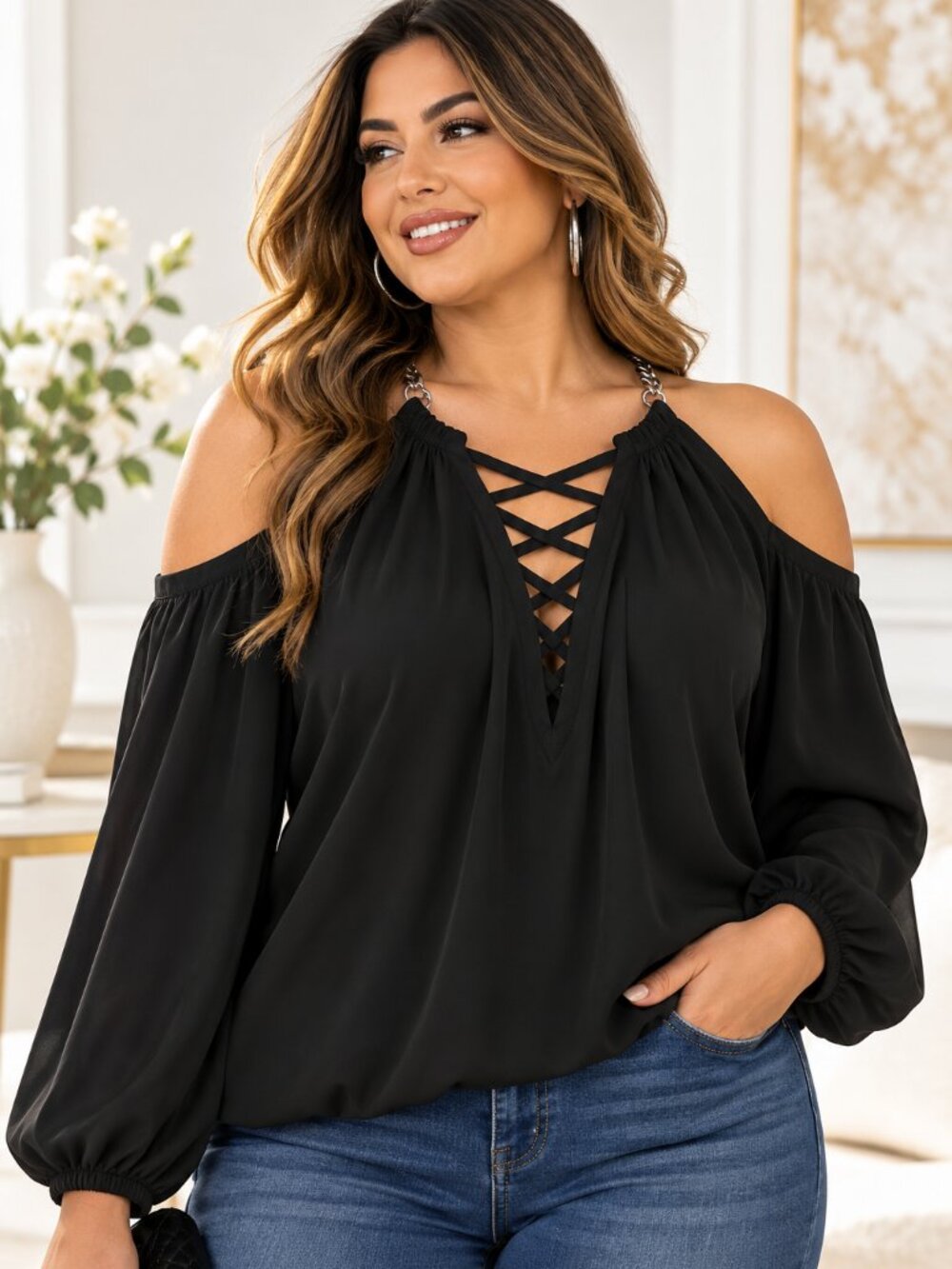BOLD Elements WOMAN Black Cold Shoulder Criss Cross Silver Chain Blouse  Size 0x